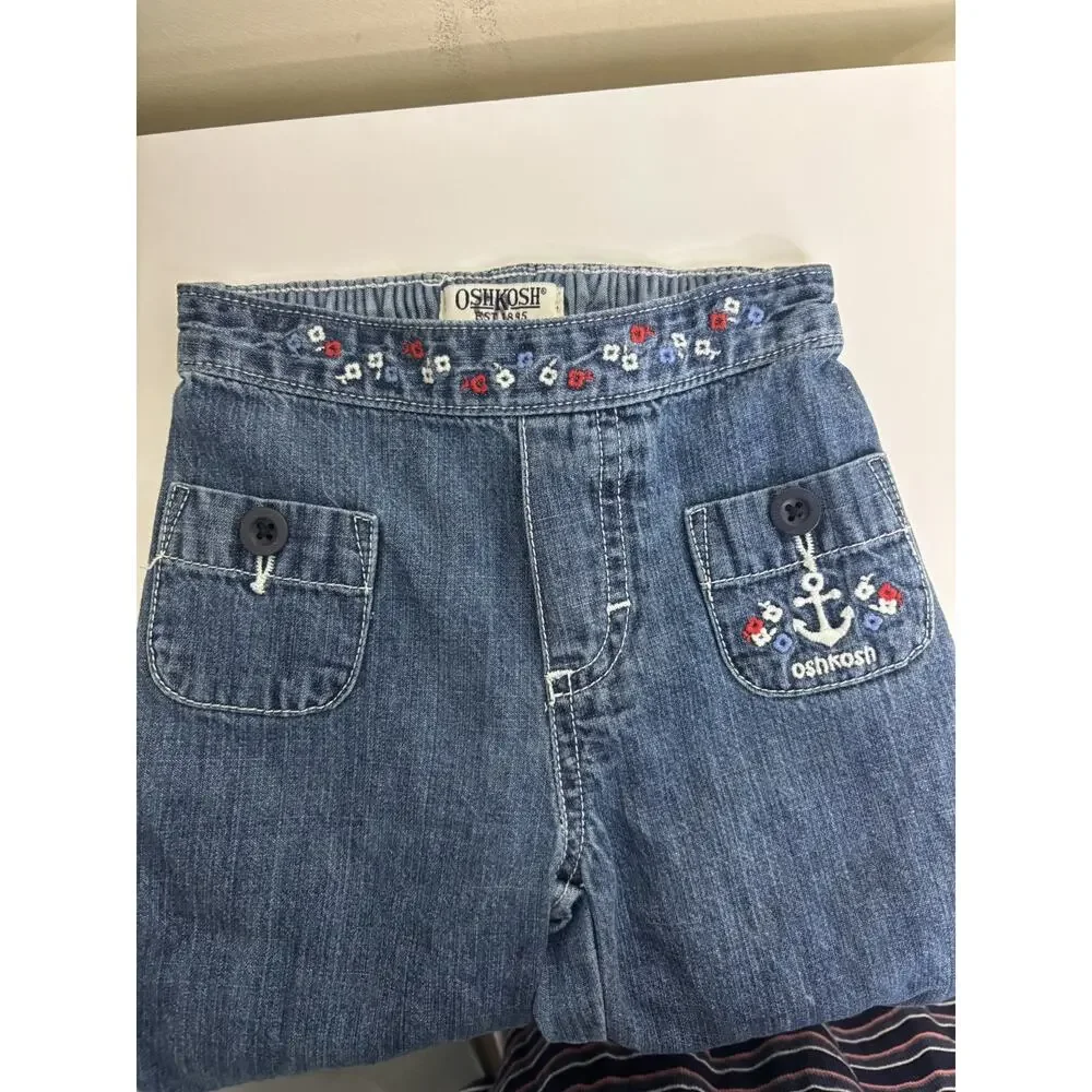 Vintage OshKosh Girl’s Wide Leg Denim Embroidered Jeans Sz 3T USA Nautical